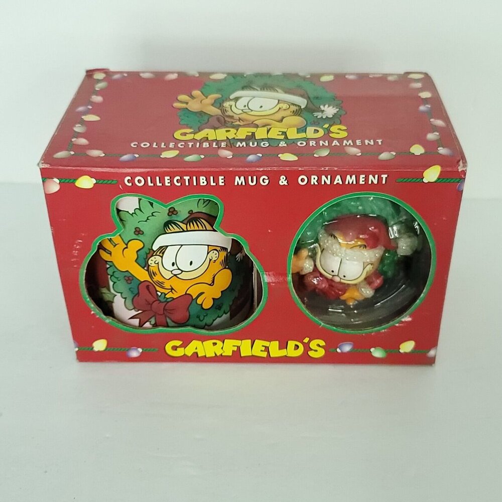 Garfield the Cat Collectible Coffee Mug Cup Merry Xmas Ornament Set Vintage 1996